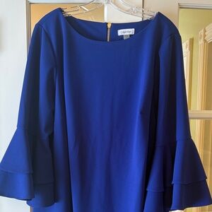 NWOT 18W Calvin Klein Royal Blue Flounce Sleeve Dress signature gold zipper back